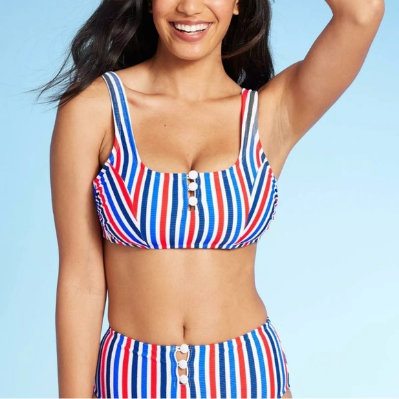 Xhilaration Ribbed Set Button-Front Bralette Bikini Top & Bottom Red Stripe 20W - Picture 1 of 16